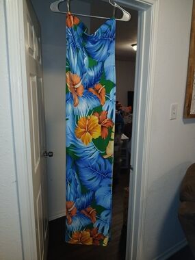 MAGIA NWOT Tropical Strapless Maxi Dress with Blue Leaf & Orange Hibiscus Print